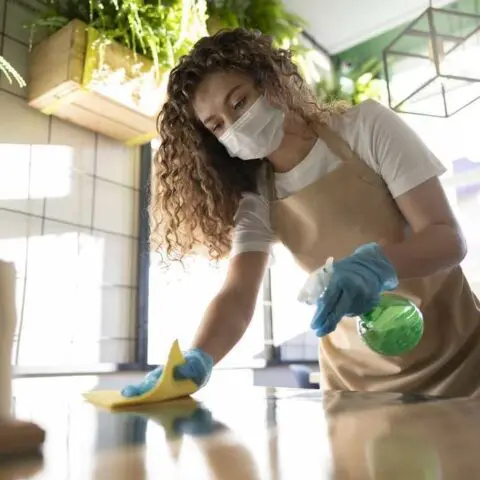 Empreza de limpieza, joven limpiando un restaurant
