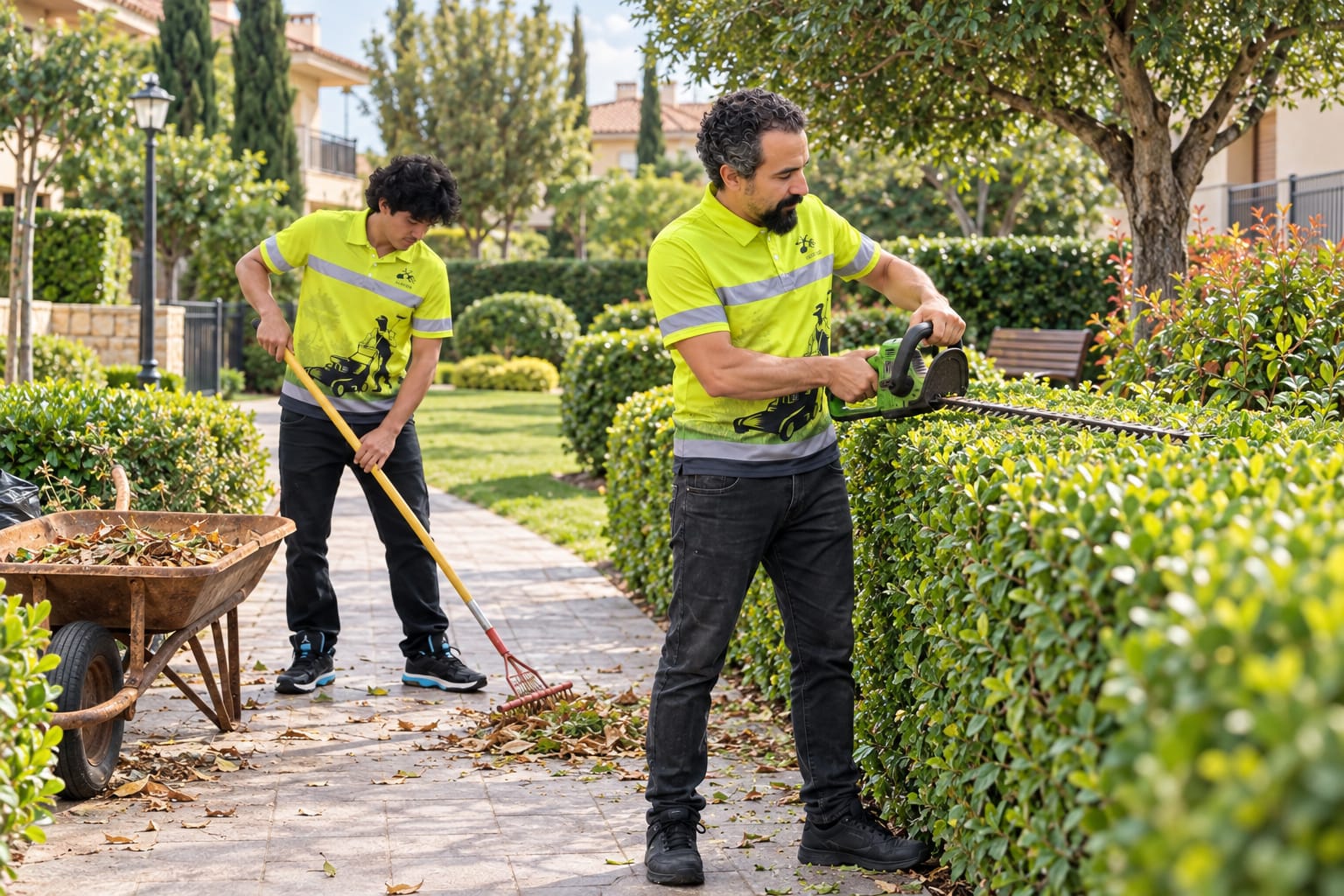 Equipo de jardineros recortando setos y recogiendo hojas en una comunidad